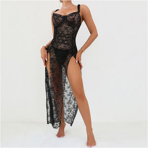 Black lace see through hollowed out spaghetti strap dress sexy high slit bodycon mesh lined long dress plus size image 0