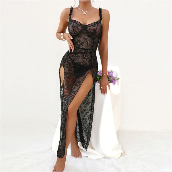 Black lace see through hollowed out spaghetti strap dress sexy high slit bodycon mesh lined long dress plus size image 1