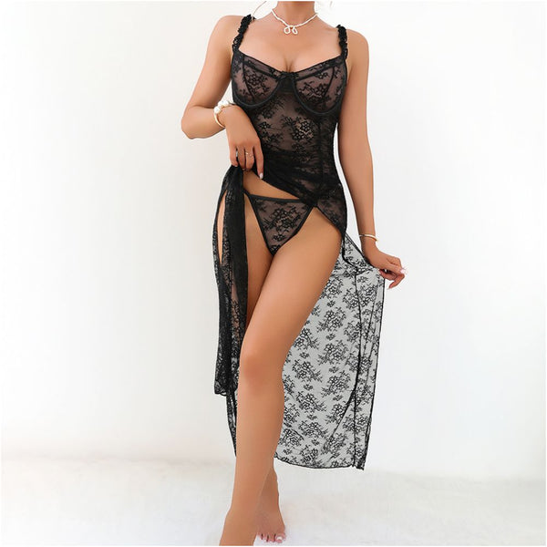 Black lace see through hollowed out spaghetti strap dress sexy high slit bodycon mesh lined long dress plus size image 2