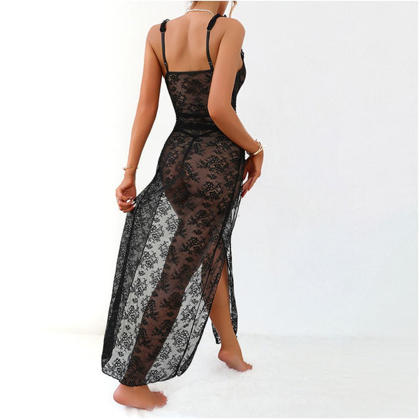 Black lace see through hollowed out spaghetti strap dress sexy high slit bodycon mesh lined long dress plus size image 3