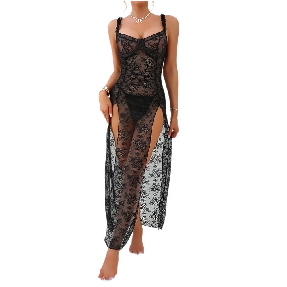 Black lace see through hollowed out spaghetti strap dress sexy high slit bodycon mesh lined long dress plus size image 0