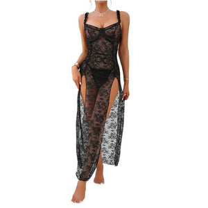 Black lace see through hollowed out spaghetti strap dress sexy high slit bodycon mesh lined long dress plus size image 4