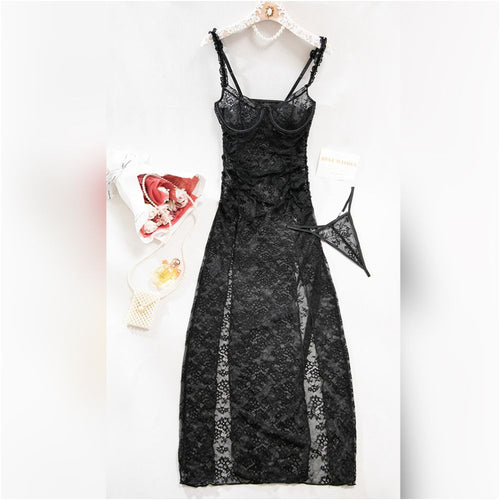 Black Lace See-Through High Slit Bodycon Maxi Dress – Spaghetti Strap Sexy Evening Dress