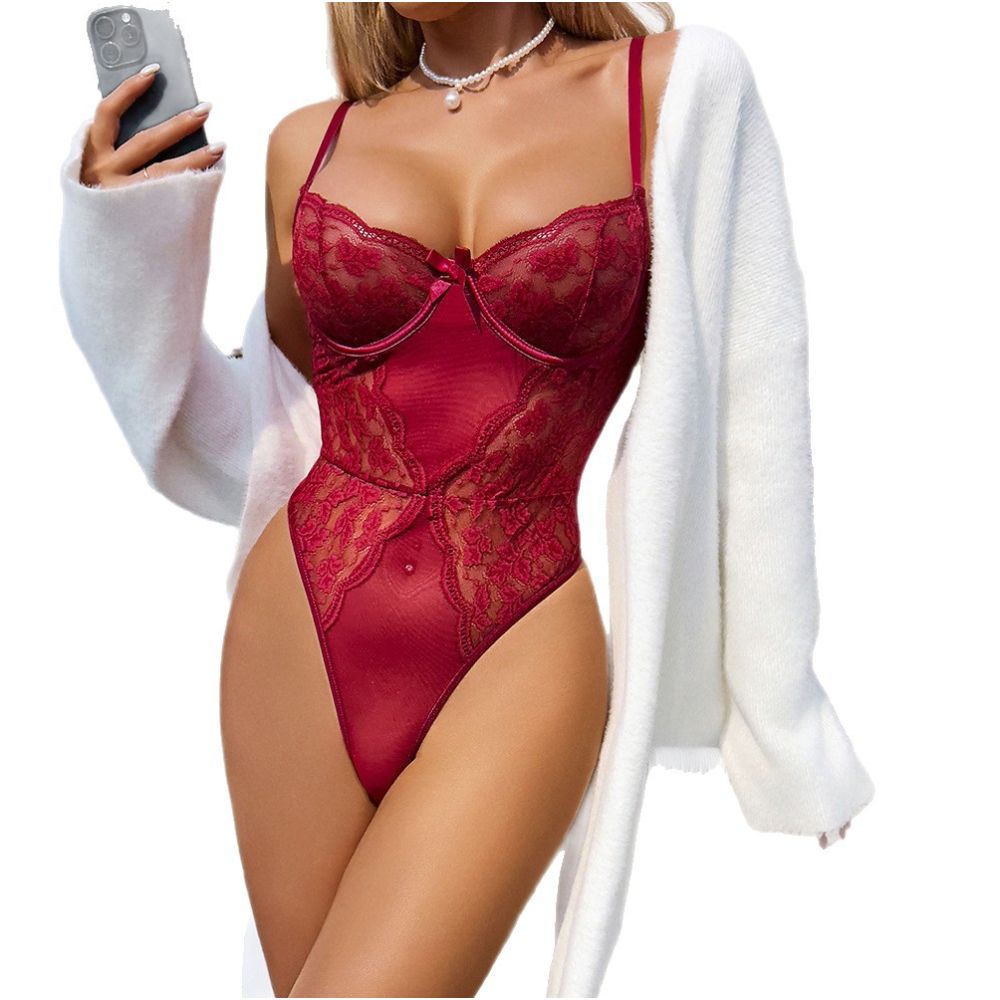 Cross border hot selling burgundy lace bodysuit sexy shaping tight fitting waist cinching suspender lingerie hot girl style image 0