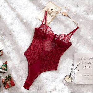 urgundy Lace Sheer Sexy Bodysuit