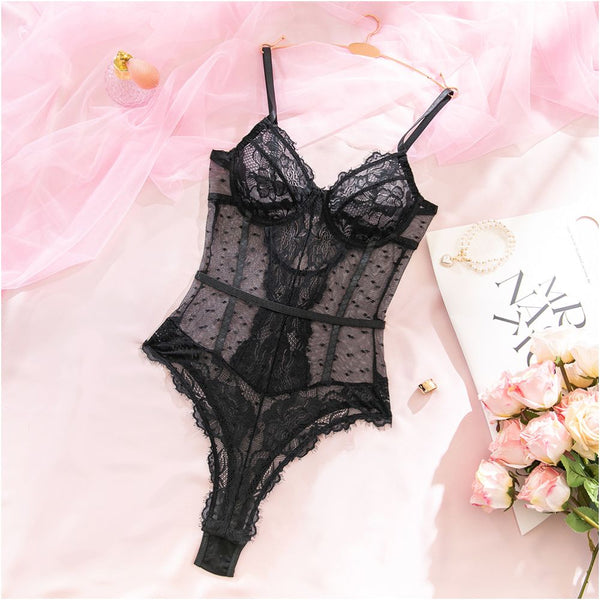 Black Lace Sheer Corset Bodysuit