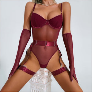 European and American cross border influencer sexy halter leg ring bodysuit mesh see through strap underwire push up hot erotic set image 0