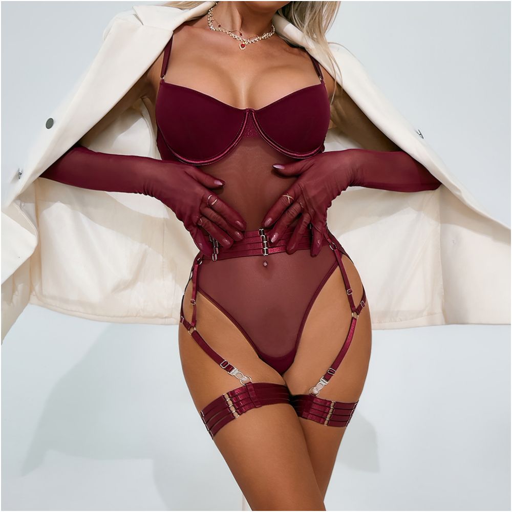 European and American cross border influencer sexy halter leg ring bodysuit mesh see through strap underwire push up hot erotic set image 0