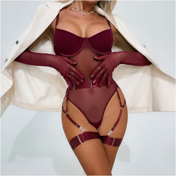 European and American cross border influencer sexy halter leg ring bodysuit mesh see through strap underwire push up hot erotic set image 1