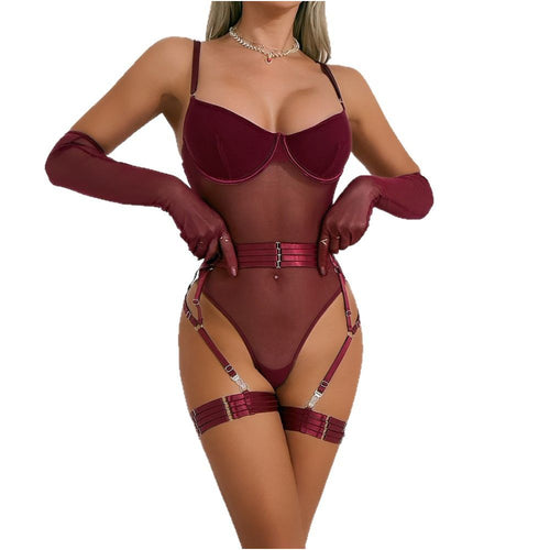 European and American cross border influencer sexy halter leg ring bodysuit mesh see through strap underwire push up hot erotic set image 4
