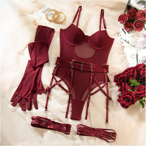 Burgundy Sheer Mesh Underwired Bodysuit Set