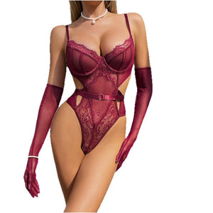 Pure and seductive wine red lace sexy bodysuit for women hollowed out body shaping lingerie with gloves European and American cross border wholesale image 4