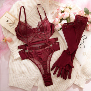 Burgundy Lace Sheer Underwired Bodysuit