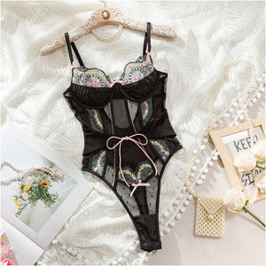 Black Floral Lace Sheer Underwired Bodysuit