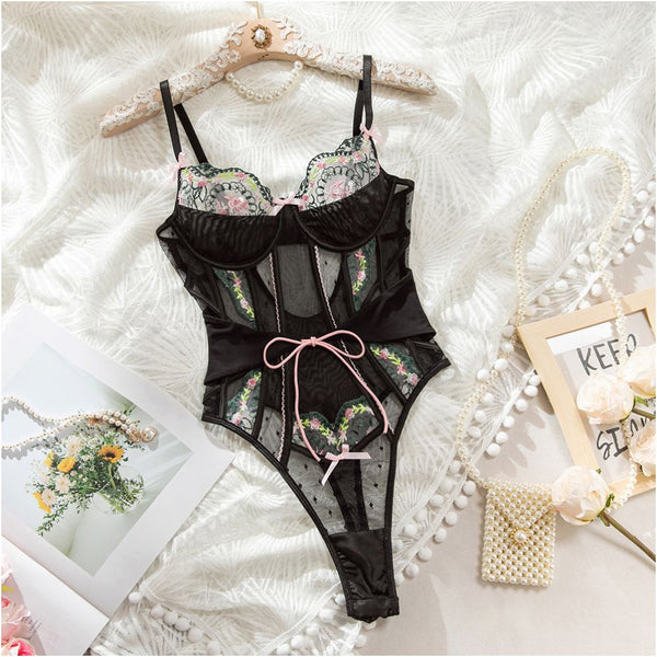 Black Floral Lace Sheer Underwired Bodysuit