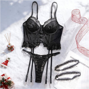 Black Lace Underwired Corset Lingerie Set