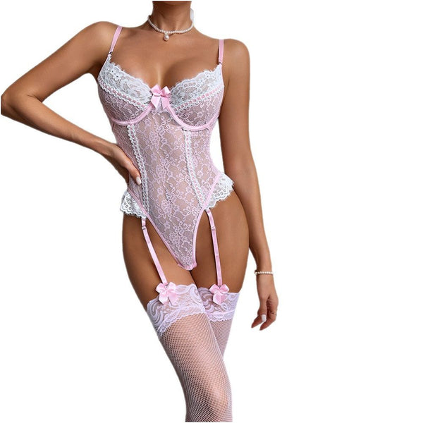 New European and American style color blocked pink patchwork cute lace trim stretch bodysuit sexy garter stockings image 4