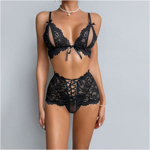 New black lace sexy lingerie loungewear set for women featuring a strappy push up bra and high waisted open crotch pants two piece set image 2