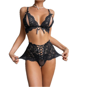 New black lace sexy lingerie loungewear set for women featuring a strappy push up bra and high waisted open crotch pants two piece set image 4