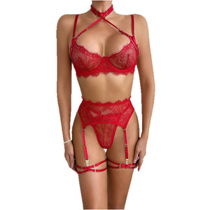 New European and American style sexy lingerie set with lace eyelash trim see through halter neck bra and garter belt four pieces image 4