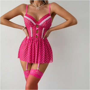 Ouleina European and American Cross border Foreign Trade New Product Sexy Polka Dot Embroidered Patchwork Push up Women s Sexy Nightgown with Stockings image 1