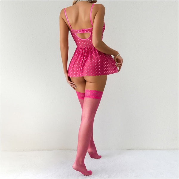 Ouleina European and American Cross border Foreign Trade New Product Sexy Polka Dot Embroidered Patchwork Push up Women s Sexy Nightgown with Stockings image 3