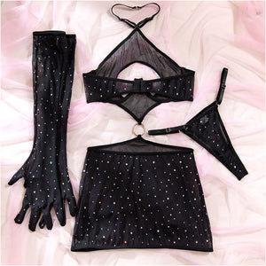 Black Sheer Rhinestone Cut-Out Dress
