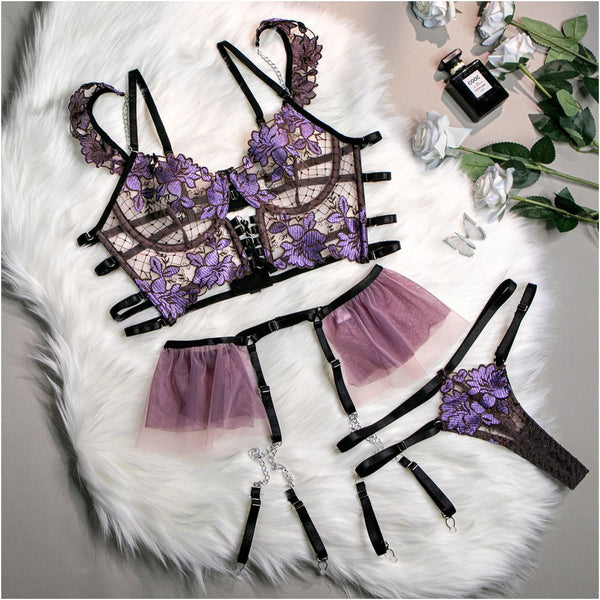 Purple Floral Lace Harness Lingerie Set