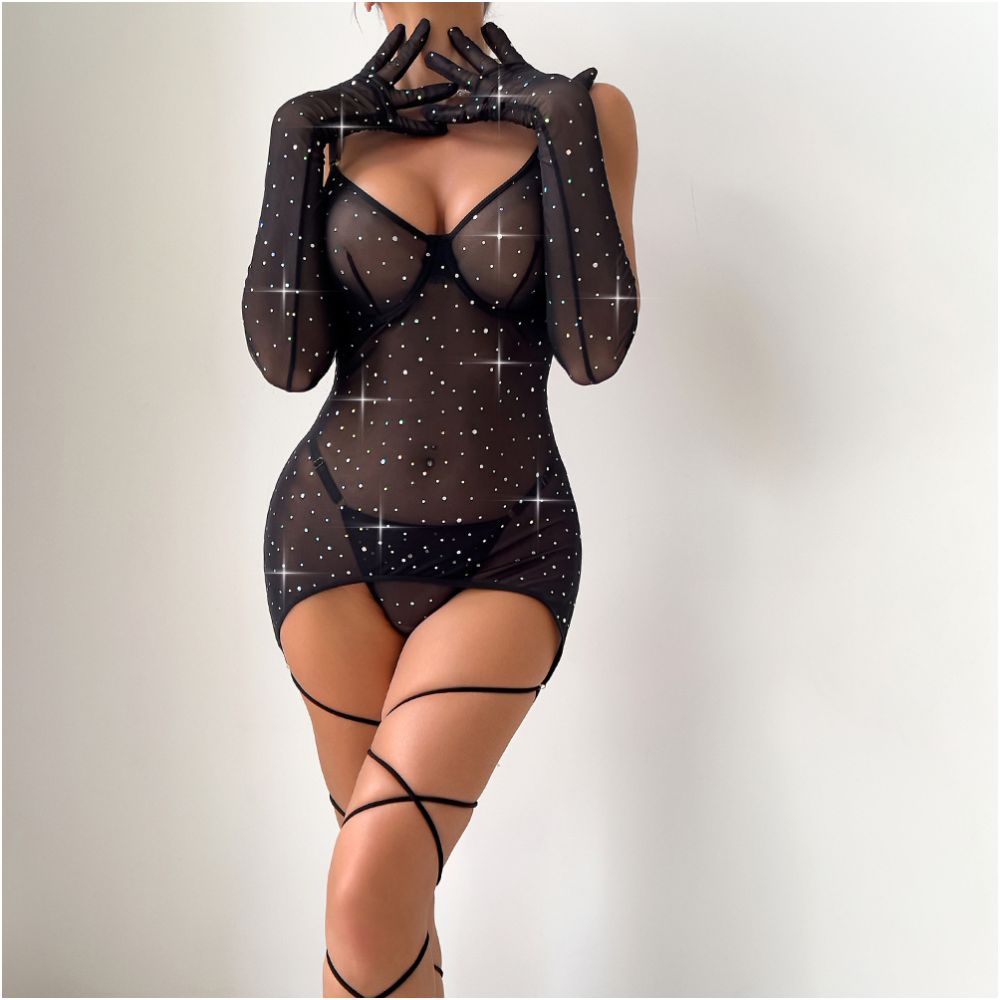 European and American cross border sexy sequined underwire see through push up hip lifting belted glove rope women s dress image 0