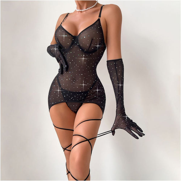 European and American cross border sexy sequined underwire see through push up hip lifting belted glove rope women s dress image 1