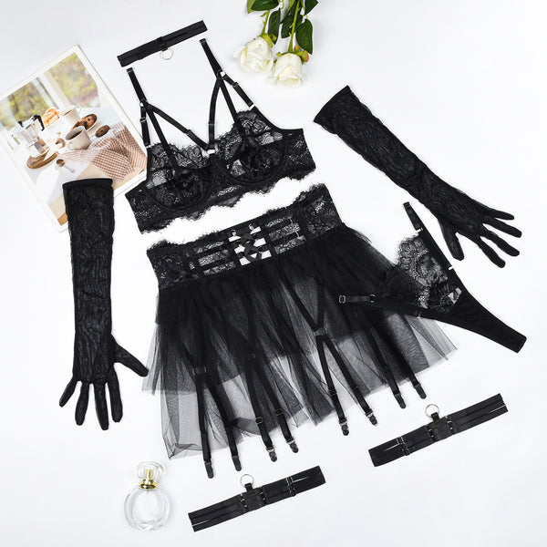 Black Lace & Tulle Lingerie Set with Harness Details