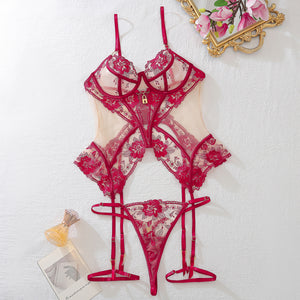 Luxury Lace Cut-Out Lingerie Set with Garters