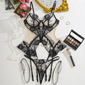 Luxury Lace Cut-Out Lingerie Set with Garters