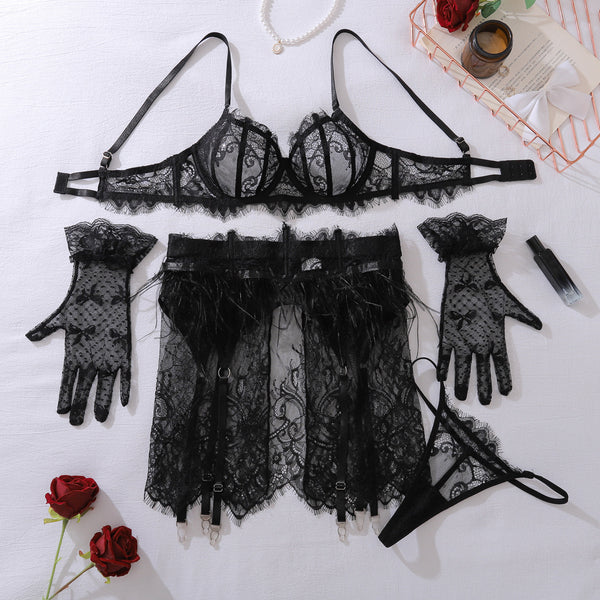 Luxury White Lace Garter Lingerie Set – Feather Trim Skirt & Lace Gloves