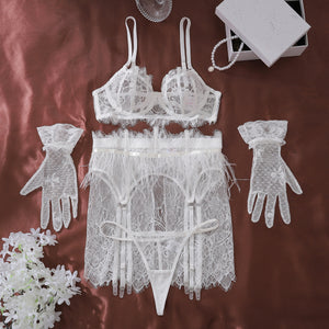 Luxury White Lace Garter Lingerie Set – Feather Trim Skirt & Lace Gloves